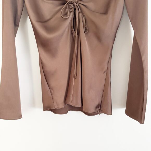 ZARA Satin Effect Tie Front Long Sleeve Blouse Top Brown Small S - Picture 5 of 9